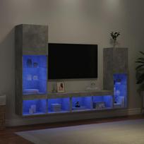 Sieninė TV sekcija su LED, 4 dalių, betono, apdirbta mediena
