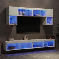 Sieninė TV sekcija su LED, 6 dalių, balta, apdirbta mediena