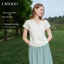 LAGOGO Women's Dopamine Button Knit V-Neck Top M pilkšvai balta