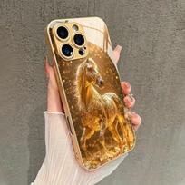 Madingas auksinio arklio raštas, auksiniai metaliniai dažai, stiklinis telefono dėklas, skirtas iPhone 17 16 15 14 13 12 11 Pro Max Plus 17 Air 16E, dangtelis iPhone 15