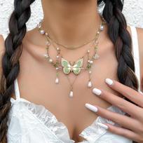 Summer Dopamine Colorful Drop Glaze Butterfly Tassel Pearl Pendant Multi-layer Necklace for Women Y2k Jewelry Accessories Gifts