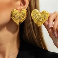 SHIXIN Vintage Metal Large Love Heart Stud Earrings for Women Luxury Gold Color Carved Flower Earrings Party Jewelry Accessories