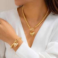 CCB Beads Chain with Big Heart Pendant Necklace and Bracelet Set for Women Trendy Charms Choker Beaded Chain Jewelry Accessories