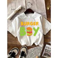 Kids Crewneck Short Sleeve T-Shirt, Burger Graphic Print Casual Streetwear Summer Tee 110 balta