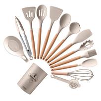 14 Pcs Food Grade Silicone Kitchen Utensils Set Non Stick Cooking Tools Wooden Handles Kitchen Tongs Spoon Spatula Tool