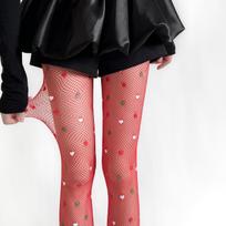 Glitter Shiny Red Heart Print Silk Women Tights Sexy Nylon Stockings Nightclub Hollow Out Lace Mesh Fishnet Stockings Pantyhose One Size raudona