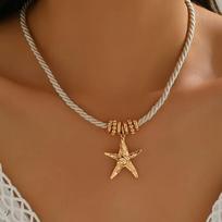 Heart-Shaped Starfish Pendant Necklace Golden Minimalist Clavicle Chain Sun Design Trendy Braided Thick Rope Choker Party