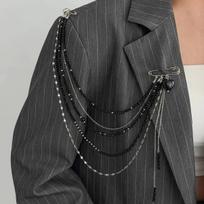 SHIXIN Vintage Elegant Black Crystal Heart Brooches Women Charm Multilayer Long Tassel Copper Chain Brooch Accessories Suit Pins