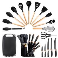 Virtuvės įrankių rinkinys 19 vnt. Silikoniniai gaminimo įrankiai su medine rankena Nelipnūs 482 Farenheito karštis 19pcs set