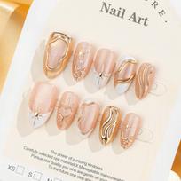 30-Piece Cat Eye Almond Shaped Gemstone 3D Gilded French Edge False Nails