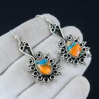 Spiny Oyster Natural Gemstone Earring, Oval Earring 925 Sterling Silver Earring, Spiny Oyster Birthstone Earring, Women's Earring For Gifts 2.36 oranžinė