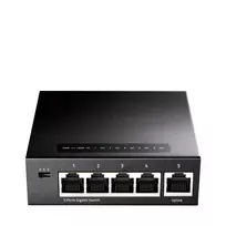 Tinklo jungiklis Cudy GS105 – 5 prievadų Gigabit Ethernet (10/100/1000), juodos spalvos, su 5 V DC maitinimo šaltiniu
