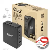 CLUB3D Tarptautinis kelioninis 140W įkroviklis su GaN technologija, keturi prievadai: USB Type-A (1x) ir USB-C (3x), PPS + Power Delivery 3.1 palaikymas
