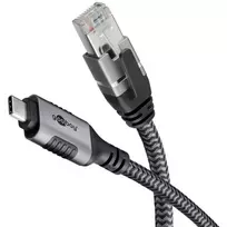 Ethernet laidas USB-C 3.2 Gen2 kištukas > RJ-45 kištukas, LAN adapteris juodas/sidabrinis, 2 metrai, pintas tekstilinis apvalkalas