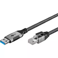 Eterneto kabelis USB-A 3.2 Gen1 kištukas > RJ-45 kištukas, LAN adapteris juodas/sidabrinis, 5 metrai, pintas tekstilinis apvalkalas