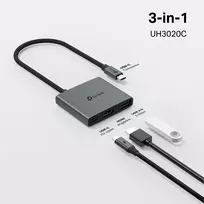 USB Type-C šakotuvas TP-Link UH3020C — 3 prievadai (HDMI, USB-A, USB-C), 5Gbit/s, HDMI 4K@60Hz, PD iki 100W, aliuminis, 0,18 m laidas