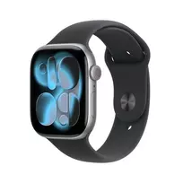 APPLE Watch Series 11 (2025) GPS 46mm kosminės pilkos spalvos aliuminio korpusas su sportine juostele M/L – juoda