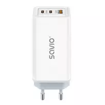 SAVIO LA-07 GaN 65W sieninis įkroviklis, USB, QC4.0+, PD 3.0, Baltas