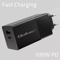 Qoltec 52382 GaN POWER PRO įkroviklis | 1xUSB Type-C | 1xUSB A | 100W | 5-20V | 1.5-5A | PD | Juodas