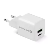Sieninis įkroviklis everActive SC-330Q su 1x USB-A ir 1x USB-C prievadais, 20W, baltas