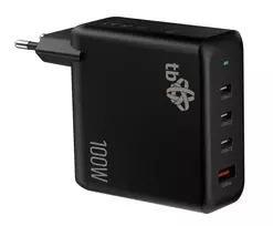 3x USB C + USB A sieninis įkroviklis su Power Delivery, juodas, GaN 100W