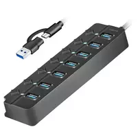 USB 3.2 Gen1 7 prievadų šakotuvas su atskirais jungikliais, juodas