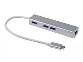 Equip USB-C į 3 prievadų USB 3.0 šakotuvas su Gigabit eterneto adapteriu, USB 3.2 Gen 1 (3.1 Gen 1) Type-C, sidabrinis, aliuminis