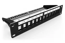 DIGITUS modulinis pataisos skydas, ekranuotas 12 prievadų, tuščias, 1U, 254mm (10 colių) stovo montavimui, spalva juoda RAL 9005