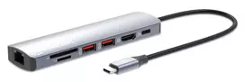 Manhattan USB-C Dock/Hub su kortelių skaitytuvu, 5 prievadai: Ethernet, HDMI, USB-A (x2) ir USB-C, su Power Delivery (PD) 100W