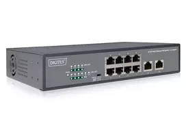 DIGITUS Fast Ethernet PoE af/at 8 prievadų jungiklis + 2 uplinkai, 120W PoE galios biudžetas, montuojamas į stelažą