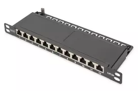 DIGITUS CAT6A skydinis pataisų skydelis, ekranuotas, 12 prievadų 1/2U, 10 colių montavimui stove, juodas RAL 9005