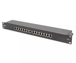 DIGITUS CAT6, E klasės ekranuotas pataisų skydelis 16 prievadų RJ45, 8P8C, LSA, 1U, stelažinis, juodos spalvos RAL9005/482x44x109