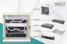 DIGITUS 10 colių tinklo rinkinys – 6U spinta, pilka lentyna, PDU, 8 prievadų jungiklis, CAT6 pataisų skydelis
