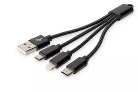 DIGITUS USB įkrovimo laidas USB A - Lightning+micro B+Type-C M/M/M/M 15 cm 3 in 1, pintas, CE, juodas
