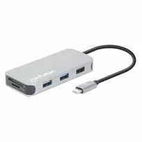 Manhattan USB-C Dock / Hub su kortelių skaitytuvu, 6 prievadai: Ethernet, HDMI, USB-A (x3) ir USB-C, su Power Delivery (100 W) USB-C prievadui, universalus, kabelis 15 cm, aliuminis, sidabrinis