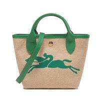 LONGCHAMP Šiaudais pintas lininis maišelis-koldūnas su karvės oda, Vienos peties rankinė, Mini, Moteriška, Chaki žalia One Size žalia