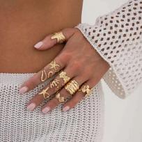 Salircon 9Pcs/Set Bohemia Starfish Scallop Opening Ring Women Punk Gold Color Adjustable Finger Ring Vacation Beach Jewelry Gift
