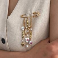 SHIXIN Elegant Ceramic Love Heart Bowknot Brooches for Women Cute Beads Chain Long Tassel Brooch Pins Sweater Coat Accessories