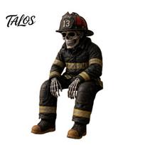 Firefighter Uniform Replica Skeleton Shelf Sitter Statue, Vintage Resin Figurine with Realistic Gear & Distressed Retro Diorama Sculpture Finish, Dark A