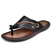 Plus Size New Arrival Summer Men Flip Flops Anti-slip Handmade Leather Slippers 38 juoda