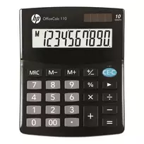 HP OC 110 – stalinis skaičiuotuvas, 10 skaitmenų LCD, baterija/saulės elementas, CR2032, 24 klavišai, juodas, 101×33×125 mm