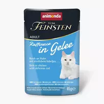 Šlapias kačių maistas animonda Vom Feinsten Adult Raffinesse drebučiuose – vištiena ir menkė, 85 g
