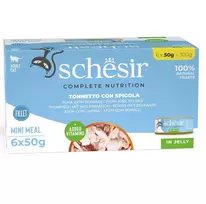 Šlapias kačių ėdalas Agras Pet Foods Schesir Tunas su jūros ešeriu drebučiuose, 6×50 g (300 g), suaugusioms katėms