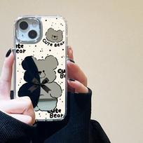 Cute Bear Makeup Mirror Phone Case For iPhone 11 Case iPhone 15 16 Pro 13 12 14 Pro Max XS Max Luxury Shockproof Cartoon Cover For iPhone 15 Pro