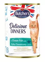 Šlapias kačių ėdalas butcher's Delicious Dinners Ocean Fish Chunks in jelly 400 g, žuvies skonio, senjorams, skardinė