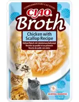 Šlapias skanėstas katėms INABA Ciao Broth Chicken & Scallop 40 g maišelis, skystas mėsingas padažas, 88% drėgmės, 9.4% baltymų