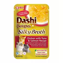 Šlapias skanėstas katėms INABA Dashi Delights Silky Broth – Vištiena su tunu ir lašiša, 40 g paketėlis, 93% drėgmės, virškinimo palaikymui