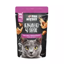 Šlapias kačių maistas Pan Miesko gabaliukai padaže – vištiena su krevetėmis, 85 g, suaugusioms katėms, drėgnis 81%