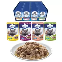 Šlapias kačių ėdalas PREVITAL Cat Food Mix 4 skoniai – vištiena, veršiena, lašiša, paukštiena, 96 x 100 g paketėliai (9,6 kg, suaugusioms katėms)