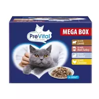 PREVITAL Katėms Megaboksinė ėriena, jautiena, triušiena ir vištiena padaže - šlapias kačių ėdalas - 24 x 100g